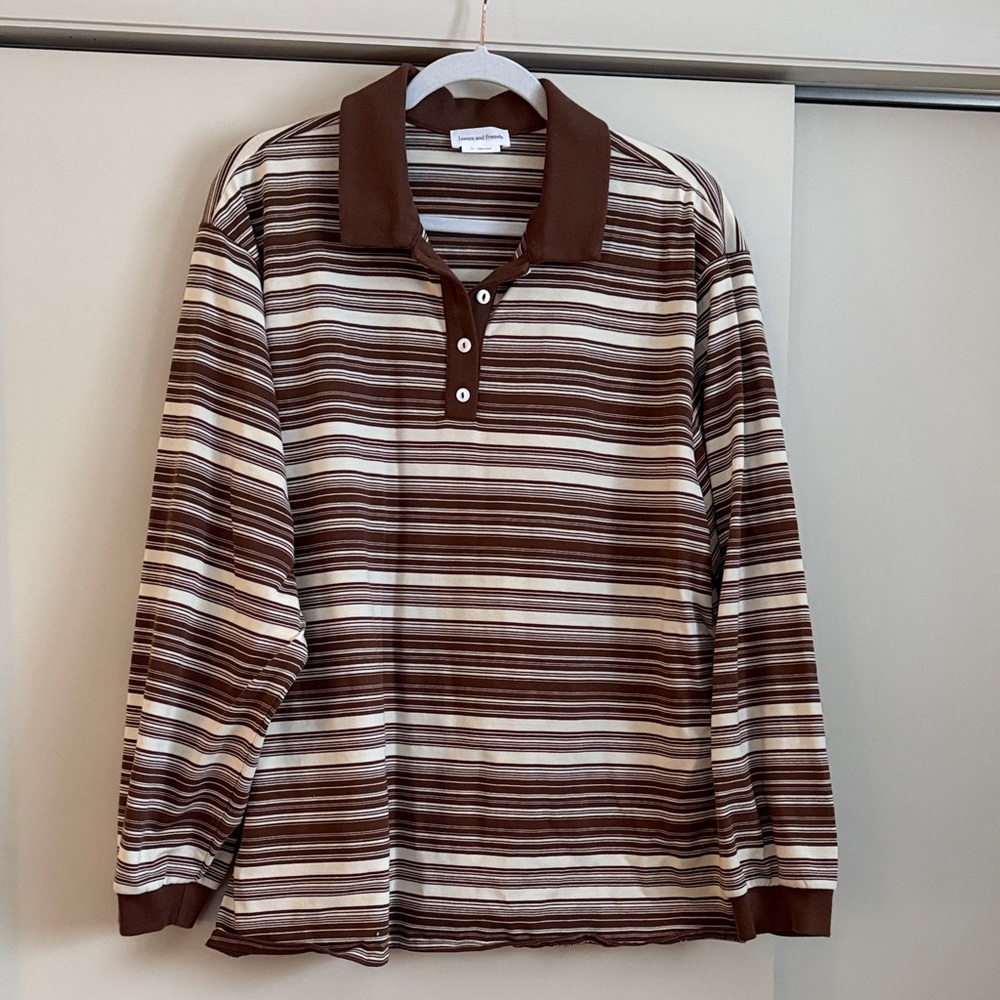 Lovers + Friends Brown and White Striped Polo